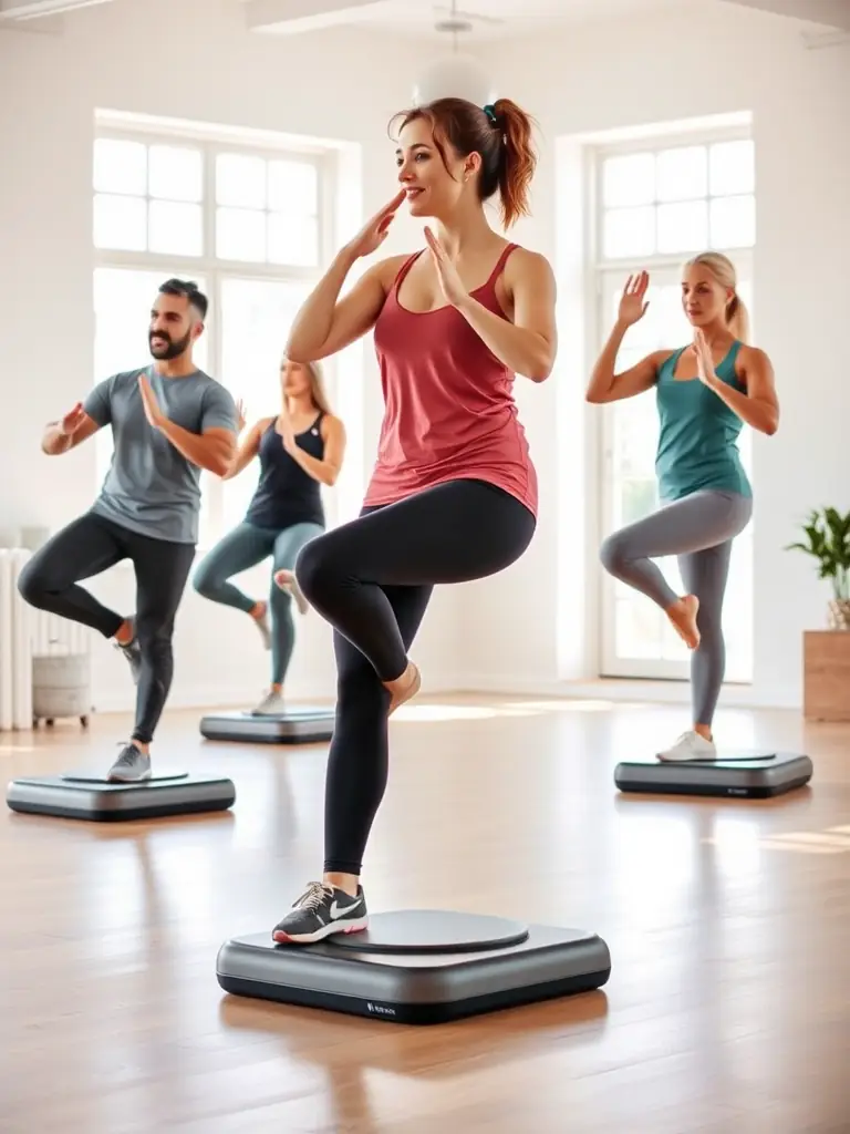 A diverse group of individuals participating in a balance and coordination exercise, guided by an instructor in a supportive environment.