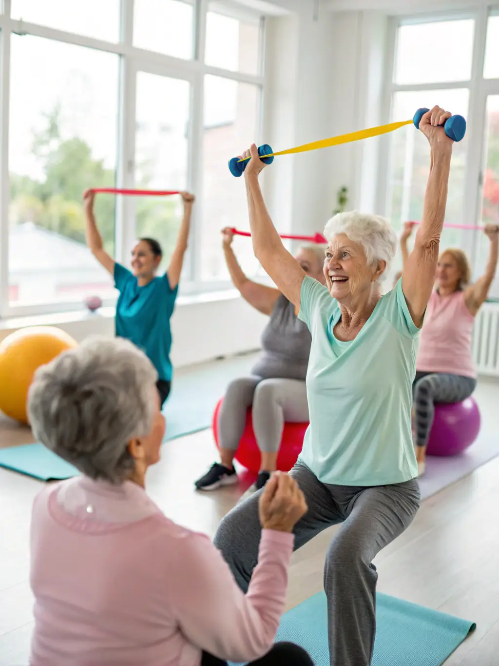 A group of seniors participating in a chair aerobics class, smiling and engaged, in a well-lit studio with soft, natural light.