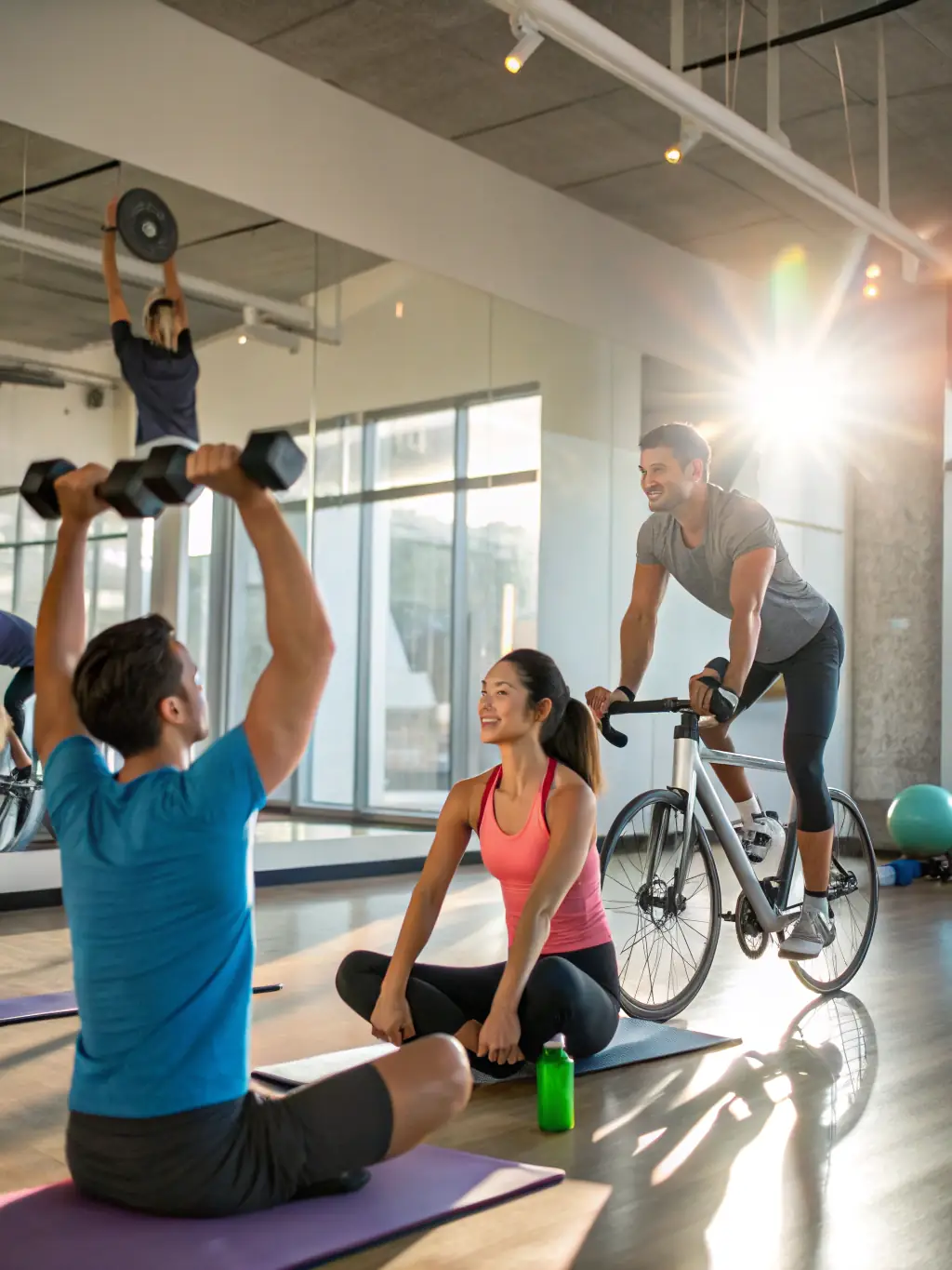 A group of participants in a gentle muscle strengthening class at Energym Seboncourtoise, performing stretches with smiles, showcasing the friendly atmosphere.