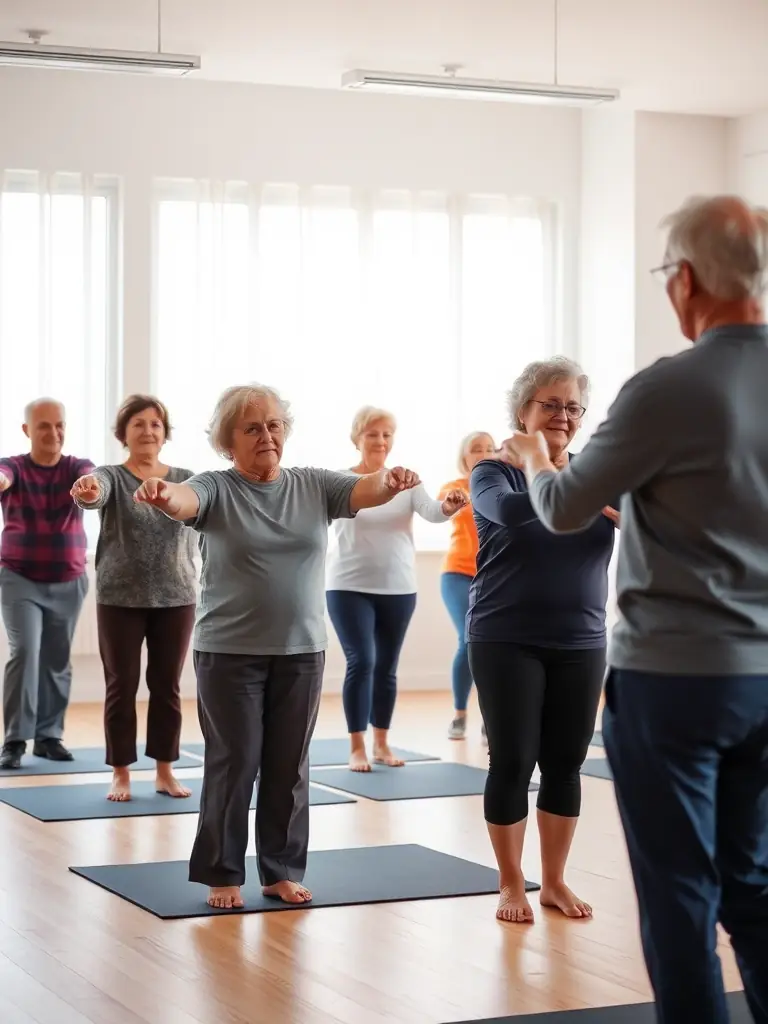 A photo of participants engaging in a balance and coordination exercise at Energym Seboncourtoise, highlighting the focus on overall well-being.