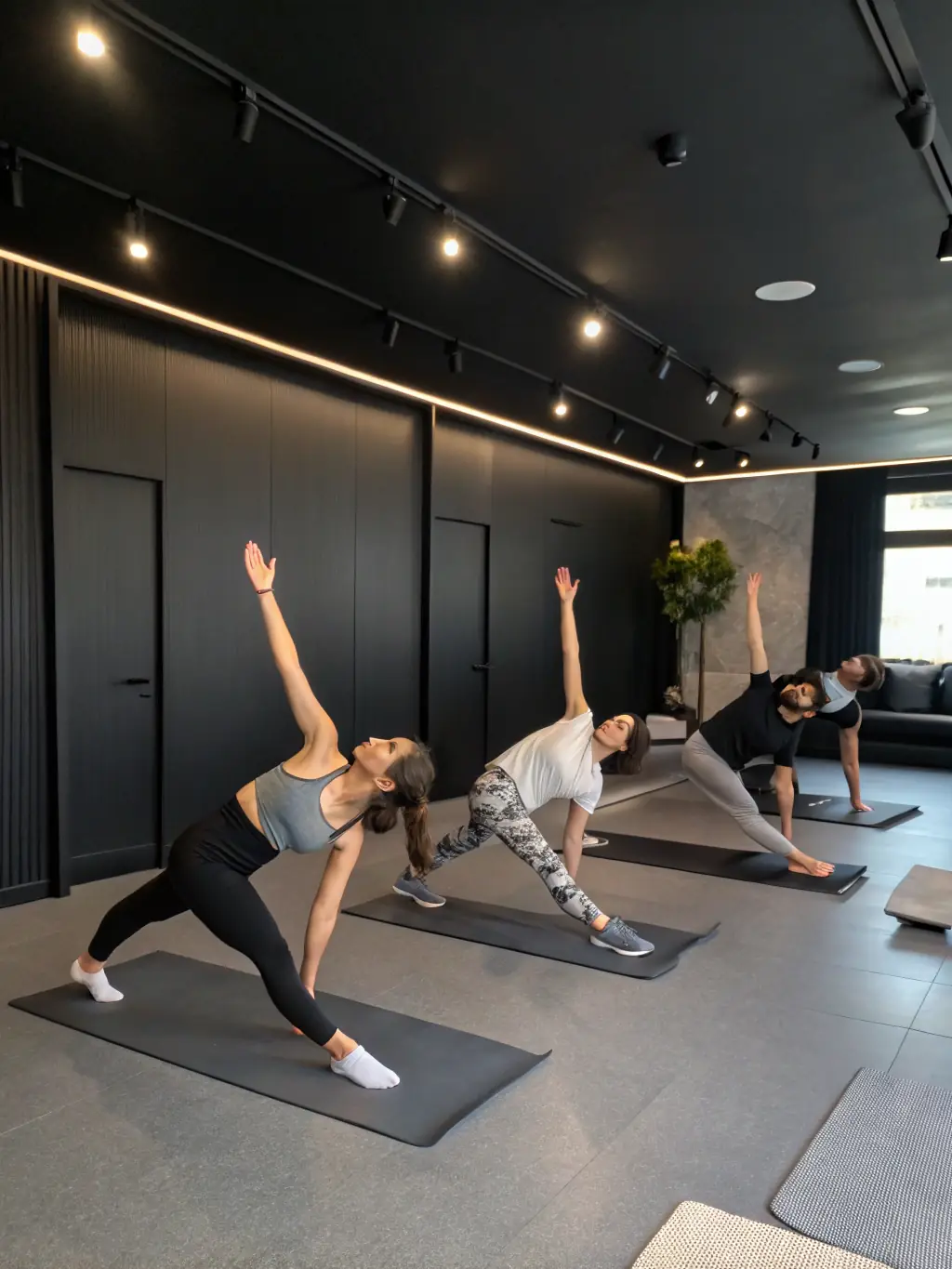 A small group engaged in a Pilates class, focusing on core strength and posture, using mats and small equipment in a bright studio.