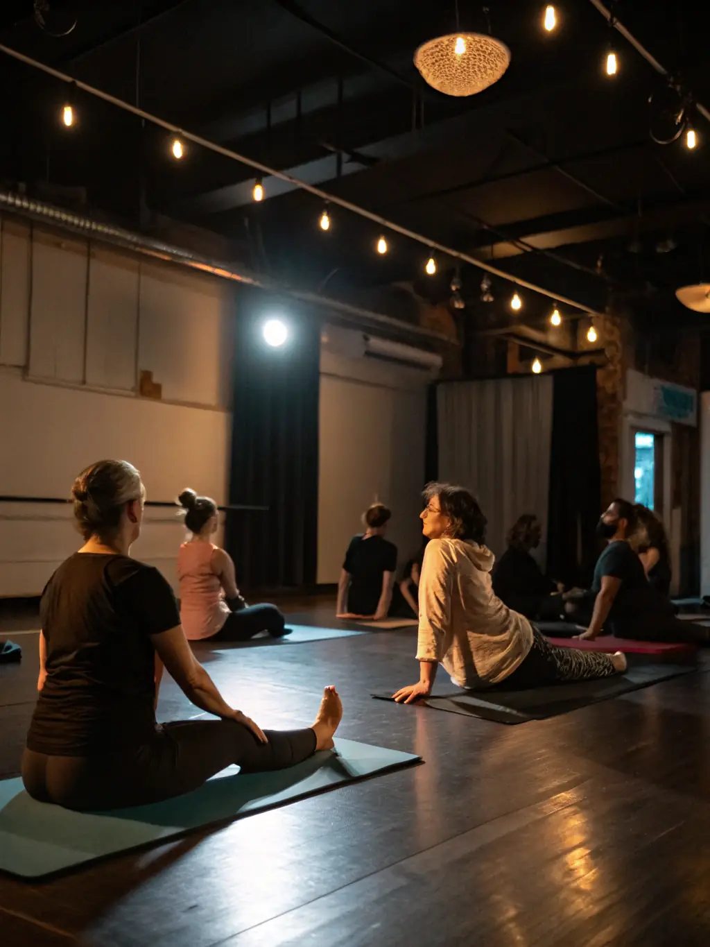 A diverse group of adults performing yoga poses on mats in a spacious studio with calming blue walls and soft lighting.
